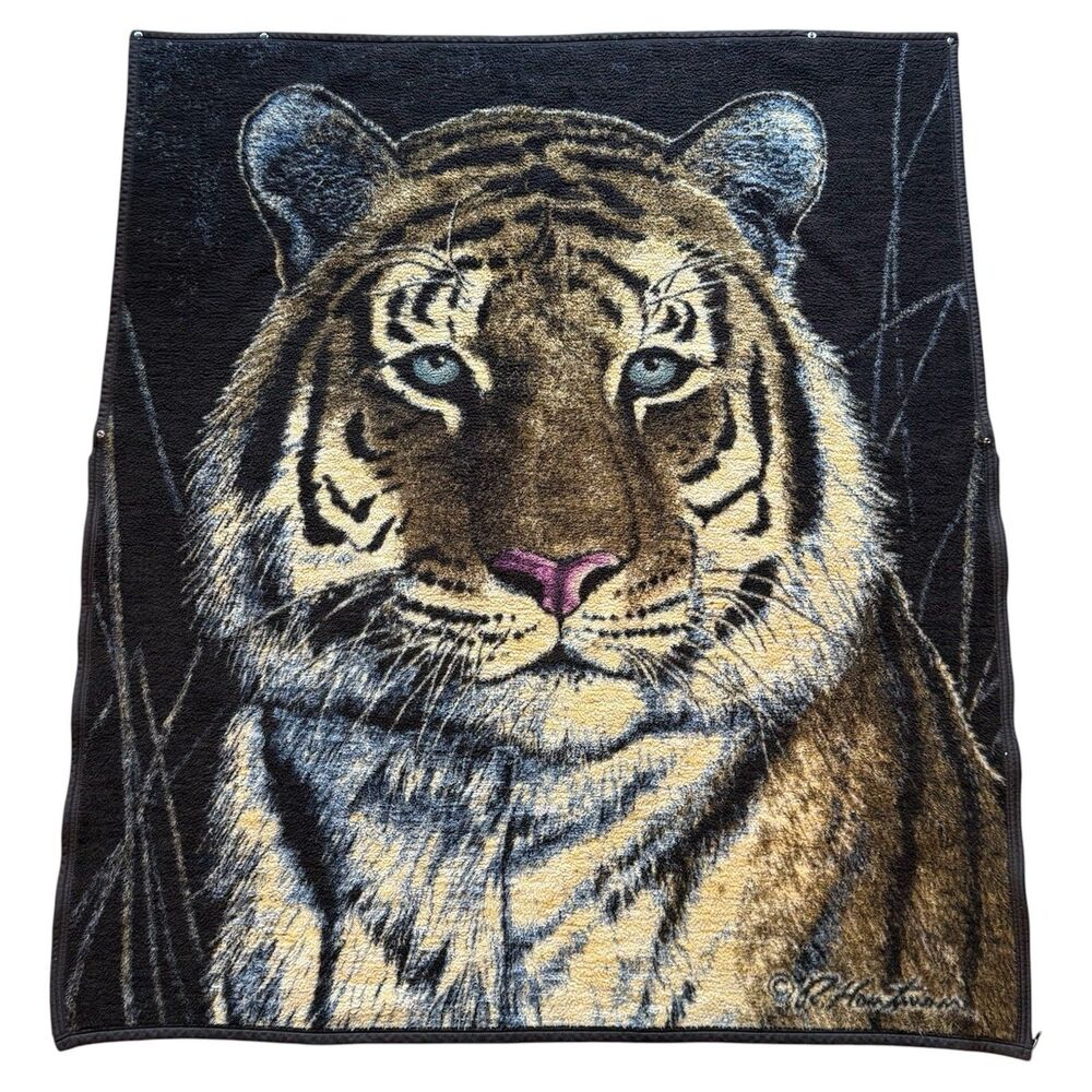 Vintage 90s Biederlack Tiger Blanket Cuddle Wrap Wearable R Hautman Wildlife USA